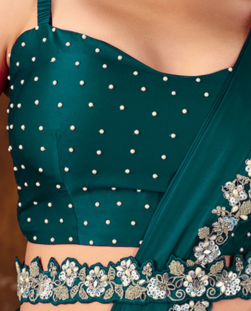 27104B - Rama Green Embroidered Wedding Party Designer Saree